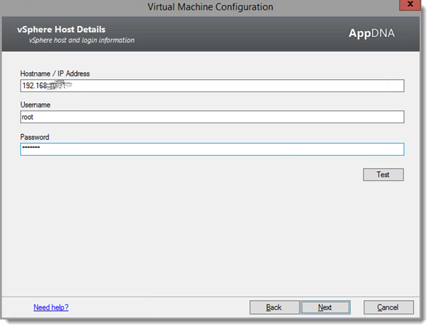 AppDNA vSphere Benutzerdaten (ESXi Host)